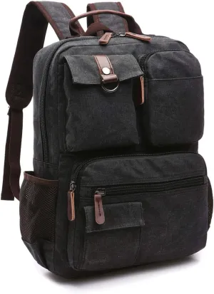 Canvas Laptop Backpacks Vintage Business Travel Rucksack Fits Bookbags for Men WomenBLACK
