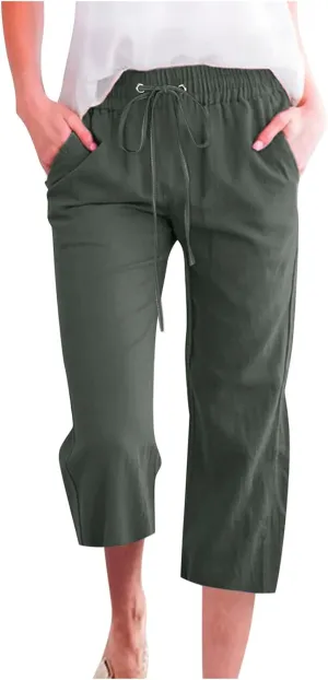Capris Pants for Women Cotton Linen Loose Straight Wide Leg Drawstring Cropped Trousers Casual Summer Clothing 2025