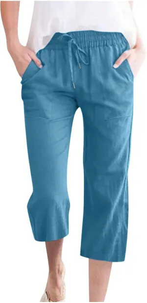 Capris Pants for Women Cotton Linen Loose Straight Wide Leg Drawstring Cropped Trousers Casual Summer Clothing 2025