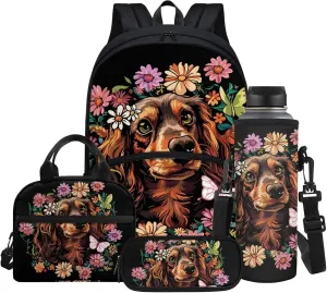 Cartoon Beagle Floral Backpack for Boys Girls Back to School Shoulder Bookbags Set, Insulated Thermal Lunch Totes,Pencil Holder,Cooler Water Bottle Sleeve 4 in 1