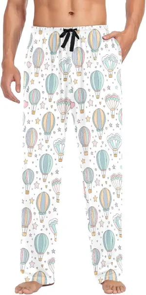 Cartoon Cute Colorful Stars Hot Air Balloon Pajamas Pants For Men Flannel Mens Pjs Pants with pockets for Summer Sleepwear Medium