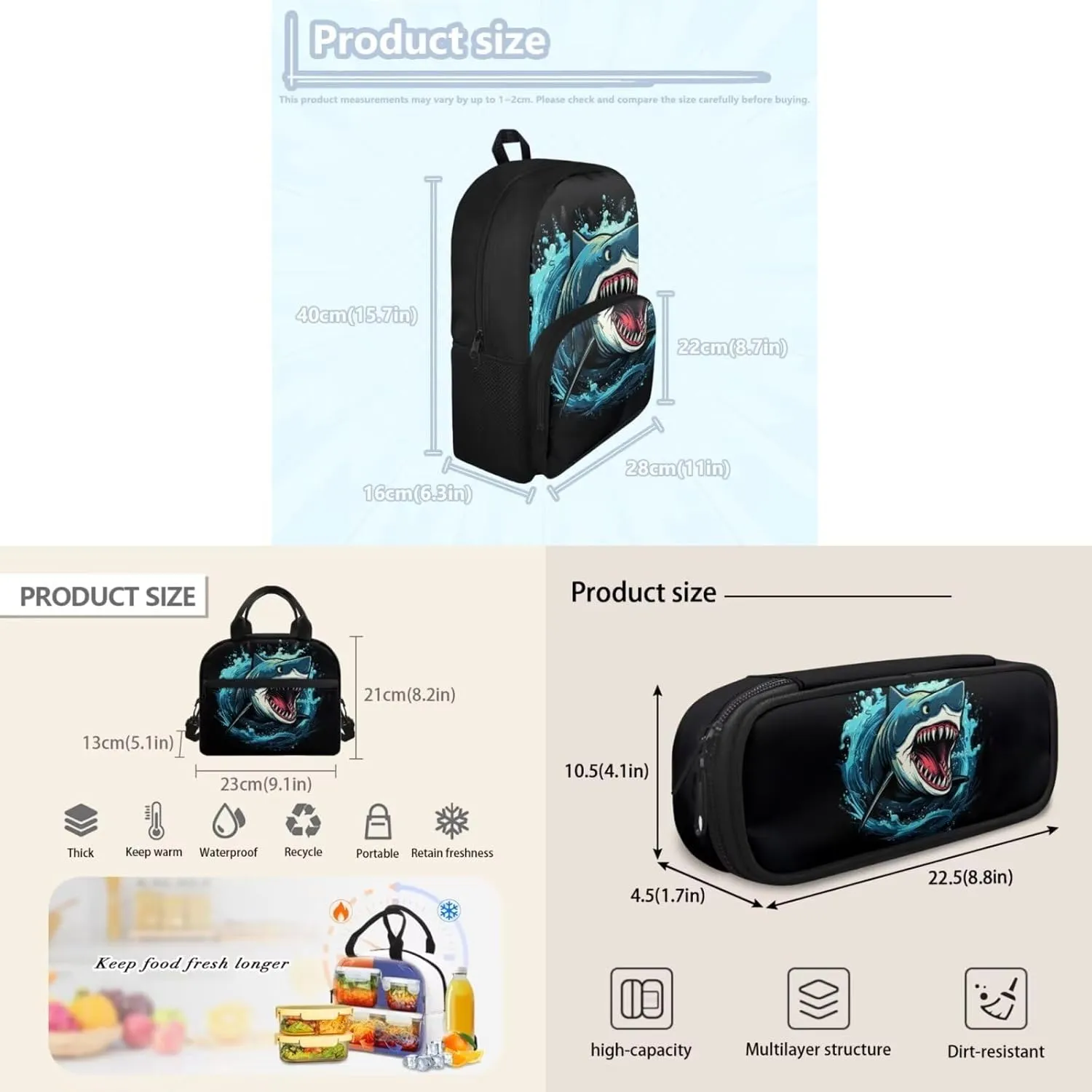 Cartoon Shark Backpack with Lunch Box for Kids Basketball School Bags Lunchbag Pecnil Case Set 3 in 1,Primary Elementary American Book Bags 17inch Travel Back Pack