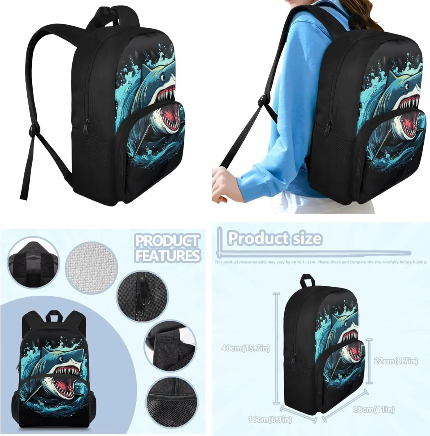 Cartoon Shark Backpack with Lunch Box for Kids Basketball School Bags Lunchbag Pecnil Case Set 3 in 1,Primary Elementary American Book Bags 17inch Travel Back Pack