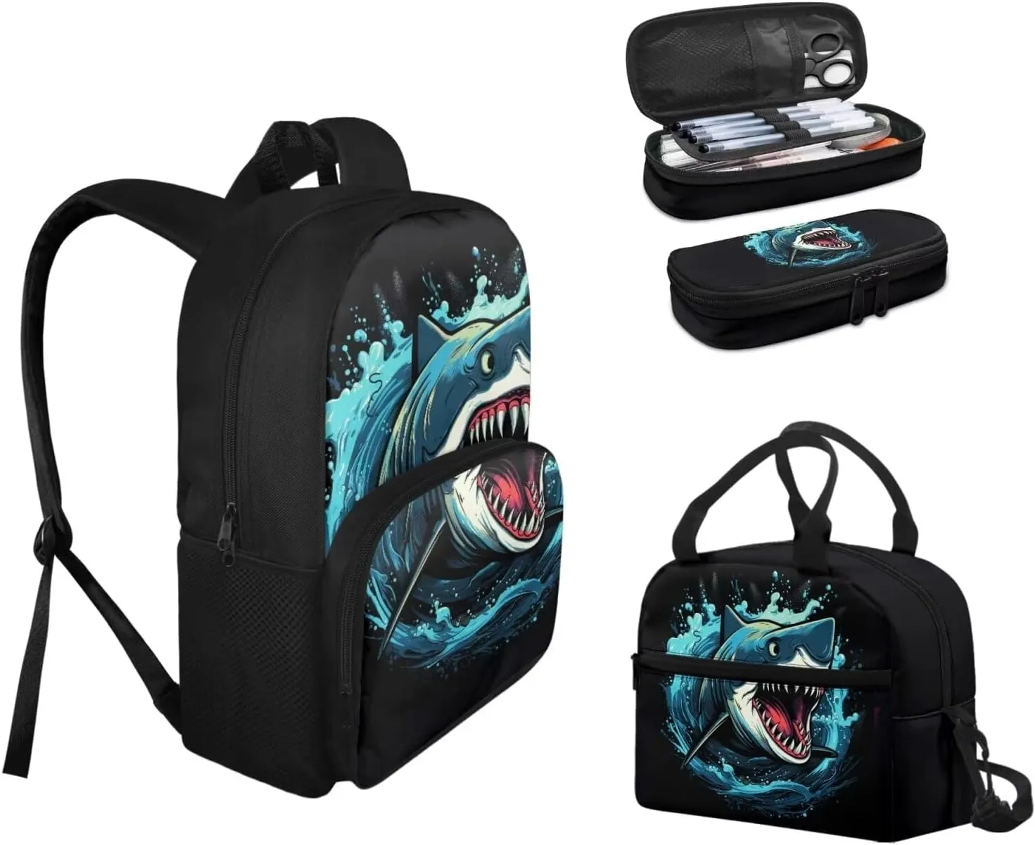 Cartoon Shark Backpack with Lunch Box for Kids Basketball School Bags Lunchbag Pecnil Case Set 3 in 1,Primary Elementary American Book Bags 17inch Travel Back Pack