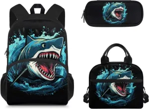 Cartoon Shark Backpack with Lunch Box for Kids Basketball School Bags Lunchbag Pecnil Case Set 3 in 1,Primary Elementary American Book Bags 17inch Travel Back Pack