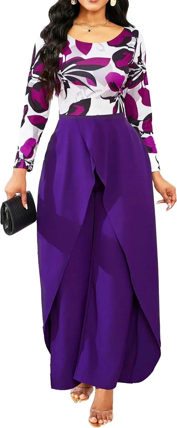 Casual Floral Jumpsuit for Women Dressy Elegant Scoop Neck Long Sleeve Long Pants Cocktail Party Rompers