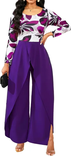 Casual Floral Jumpsuit for Women Dressy Elegant Scoop Neck Long Sleeve Long Pants Cocktail Party Rompers
