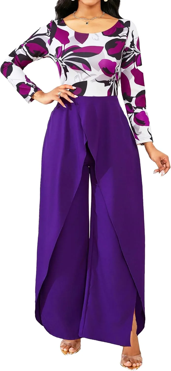Casual Floral Jumpsuit for Women Dressy Elegant Scoop Neck Long Sleeve Long Pants Cocktail Party Rompers