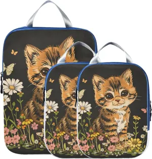 Cat Daisy Flowers Butterflies Compression Packing Cubes for Travel Packing Organizers Backpack 3 Pack Luggage Travel Essentials Carry Must Haves Waterproof Suitcase Storage Bags