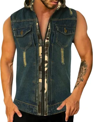 Chaqueta Denim Vest Para Hombre Slim Fit Button Down Sleeveless Shirts for Men Retro Distressed Destroyed Jeans Jacket