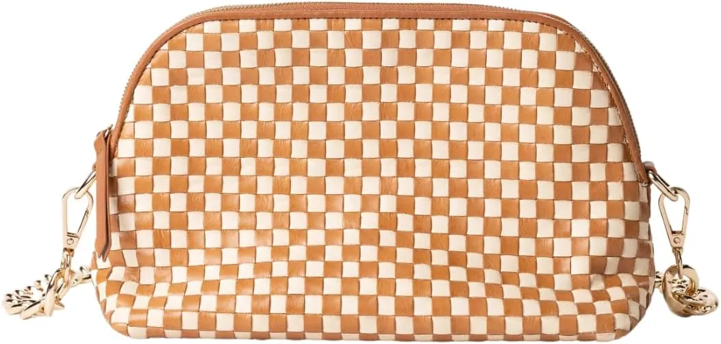 CHEVAUX Leather Woven Checkered Bag, Chambray Lined (Shoulder Bag w/Crossbody Option, Cream & Tan)