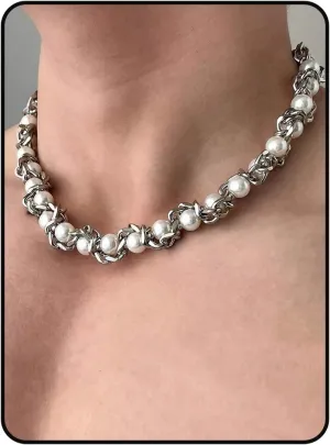 Choker Necklace For Women, Silver Chunky Pearls Goth Vintage Snake Chain Necklace Dainty Statement Non Tarnish Waterproof Stainless Steel Anniversary Holiday Jewelry Gift