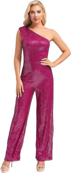 Choomomo Womens Sequin Sleeveless Jumpsuits One Shoulder Elegant Sparkly Wide Leg Long Pants Jumpsuits