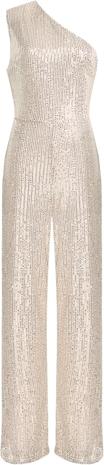 Choomomo Womens Sequin Sleeveless Jumpsuits One Shoulder Elegant Sparkly Wide Leg Long Pants Jumpsuits