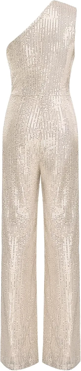 Choomomo Womens Sequin Sleeveless Jumpsuits One Shoulder Elegant Sparkly Wide Leg Long Pants Jumpsuits