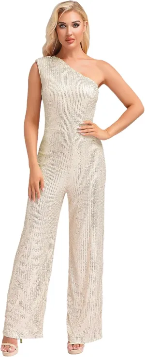 Choomomo Womens Sequin Sleeveless Jumpsuits One Shoulder Elegant Sparkly Wide Leg Long Pants Jumpsuits