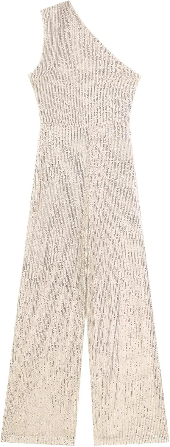Choomomo Womens Sequin Sleeveless Jumpsuits One Shoulder Elegant Sparkly Wide Leg Long Pants Jumpsuits