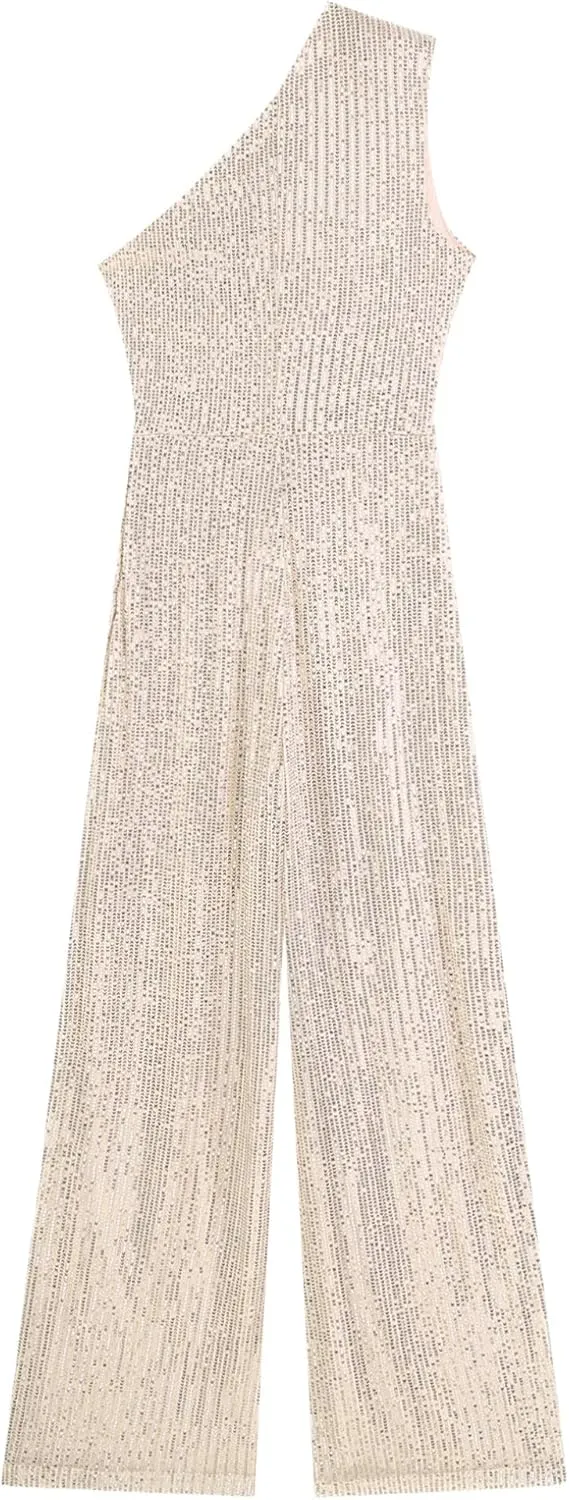 Choomomo Womens Sequin Sleeveless Jumpsuits One Shoulder Elegant Sparkly Wide Leg Long Pants Jumpsuits