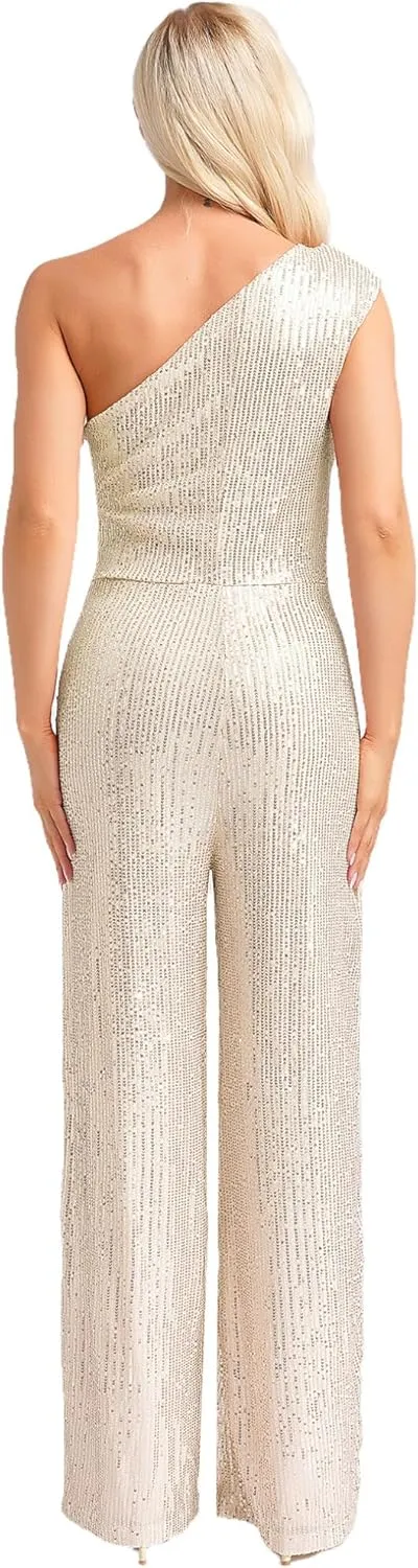 Choomomo Womens Sequin Sleeveless Jumpsuits One Shoulder Elegant Sparkly Wide Leg Long Pants Jumpsuits