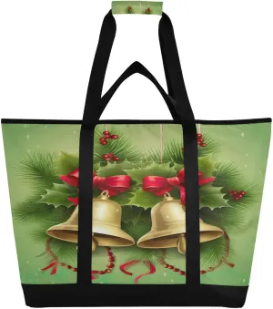Christmas Bells Tote Bag for Women with Zipper Reusable Grocery Bags Foldable Insulated Cooler Bag Shopping Bags Totes Handbags for Groceries Beach Travel Picnic Work