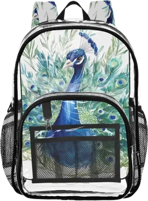 Clear Backpack for Women Watercolor Blue Peacock Kids Backpack for Girls School Clear Plastic Bag Pvc