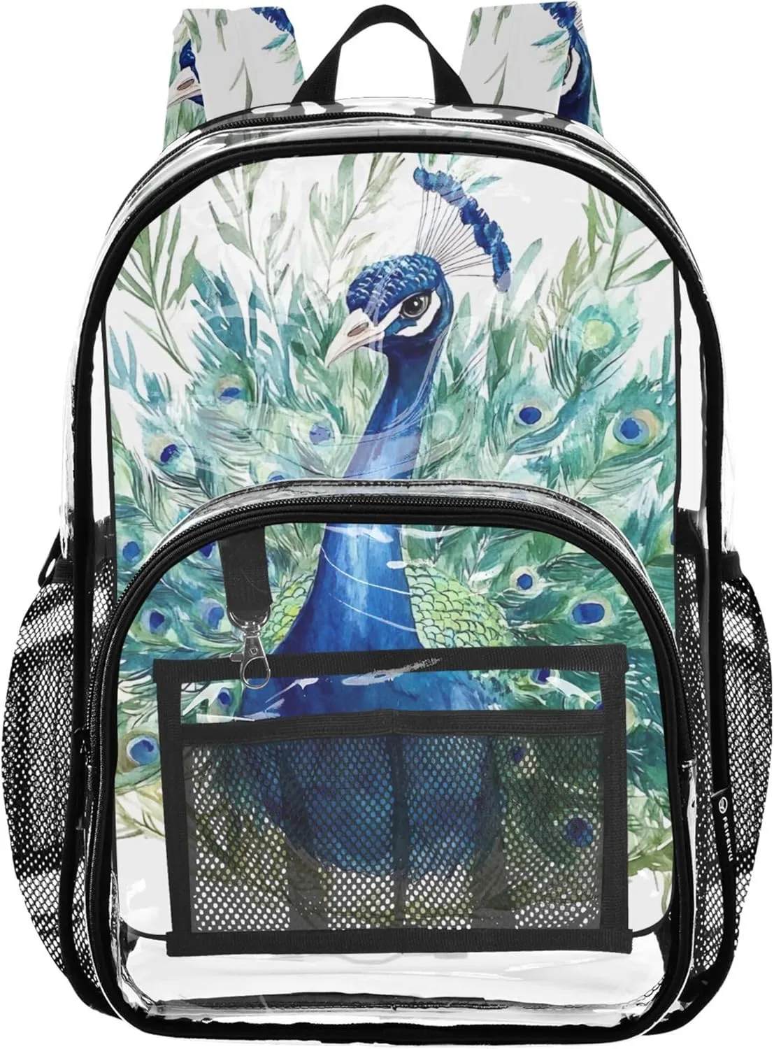 Clear Backpack for Women Watercolor Blue Peacock Kids Backpack for Girls School Clear Plastic Bag Pvc