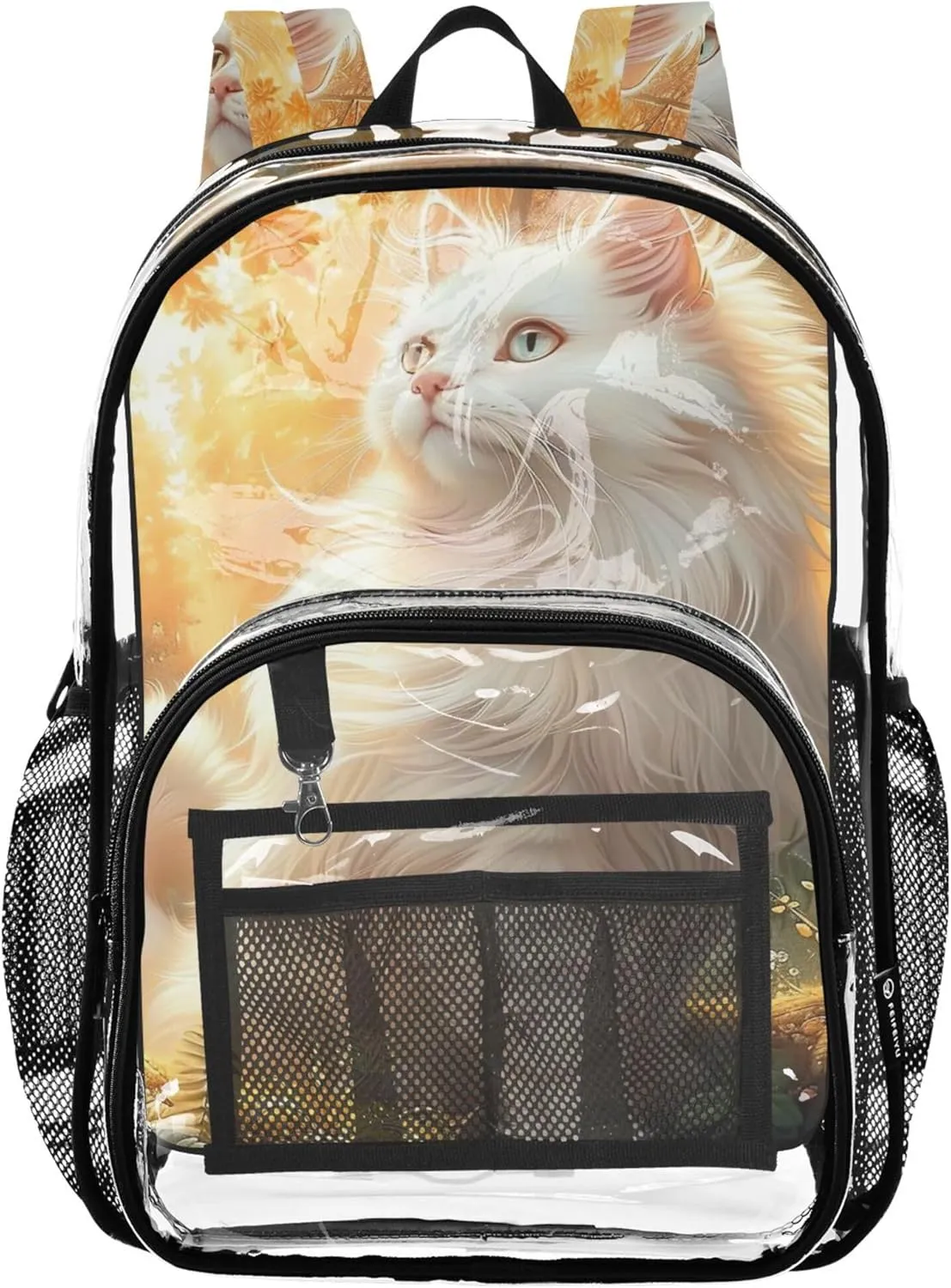 Clear Bag for Women Travel Girls Backpack Kids Boys Plastic School Clear Bookbag White Cat Painting