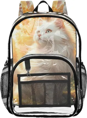 Clear Bag for Women Travel Girls Backpack Kids Boys Plastic School Clear Bookbag White Cat Painting