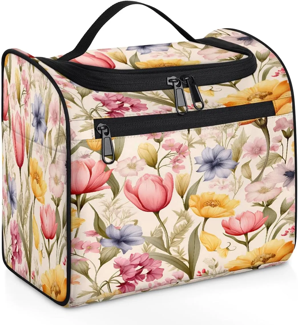 Colored Flowertulip Travel Toiletry Bag for Women Men, Large Cosmetic Makeup Bag Hanging Organizer Bag Bathroom Drop Kit