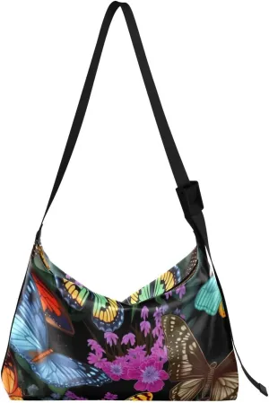 Colorful Floral Butterfly Tote Bag for Women Large Hobo Bags Leather Crossbody Bags Shoulder Bag with Adjustable Strap for Girl Men
