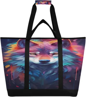 Colorful Wolf Tote Bag for Women with Zipper Reusable Grocery Bags Foldable Insulated Cooler Bag Shopping Bags Totes Handbags for Groceries Picnic Beach Travel Work