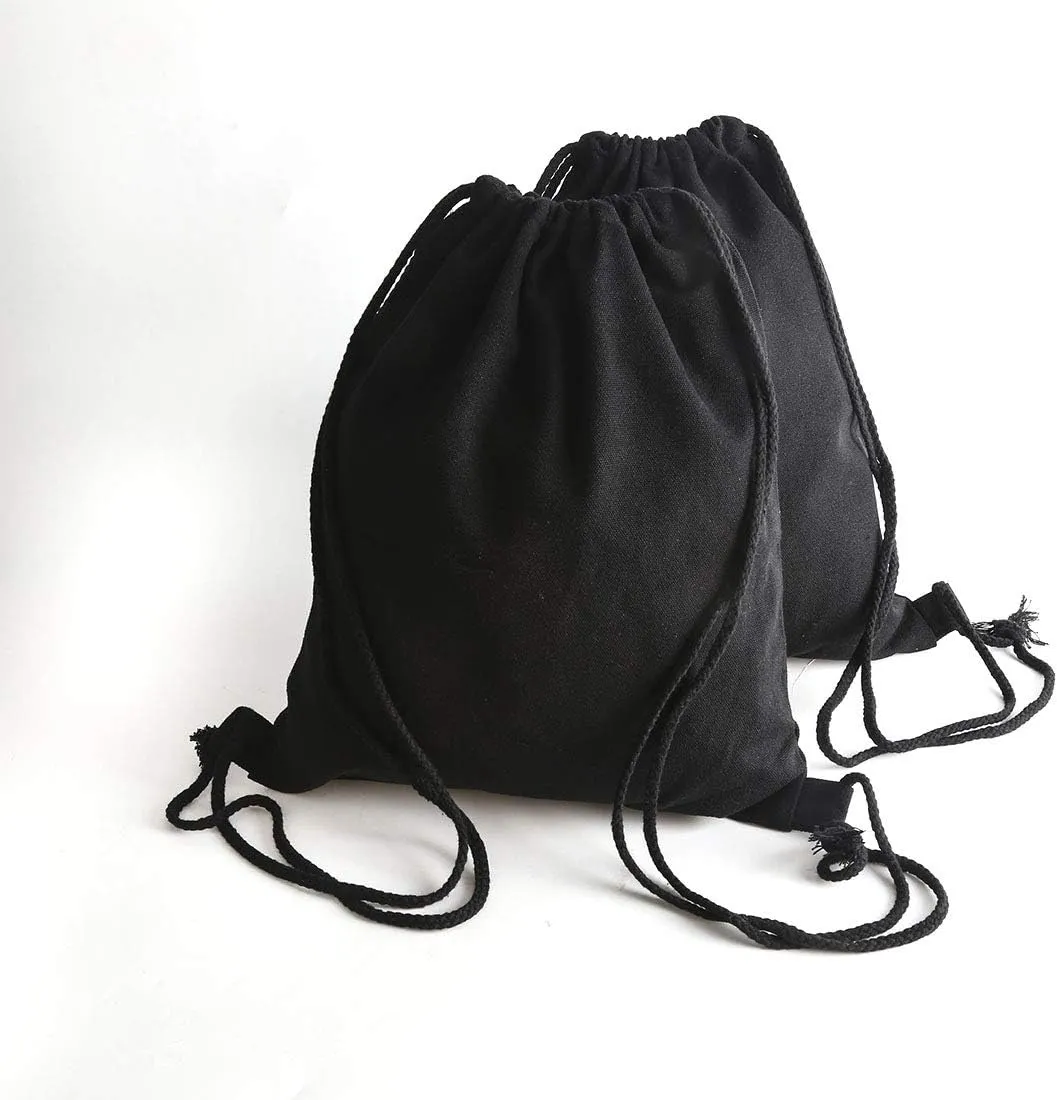 Cotton Canvas Drawstring Backpack Bag Sport Gym Sackpack String Sack Bags Pack of 2, Black