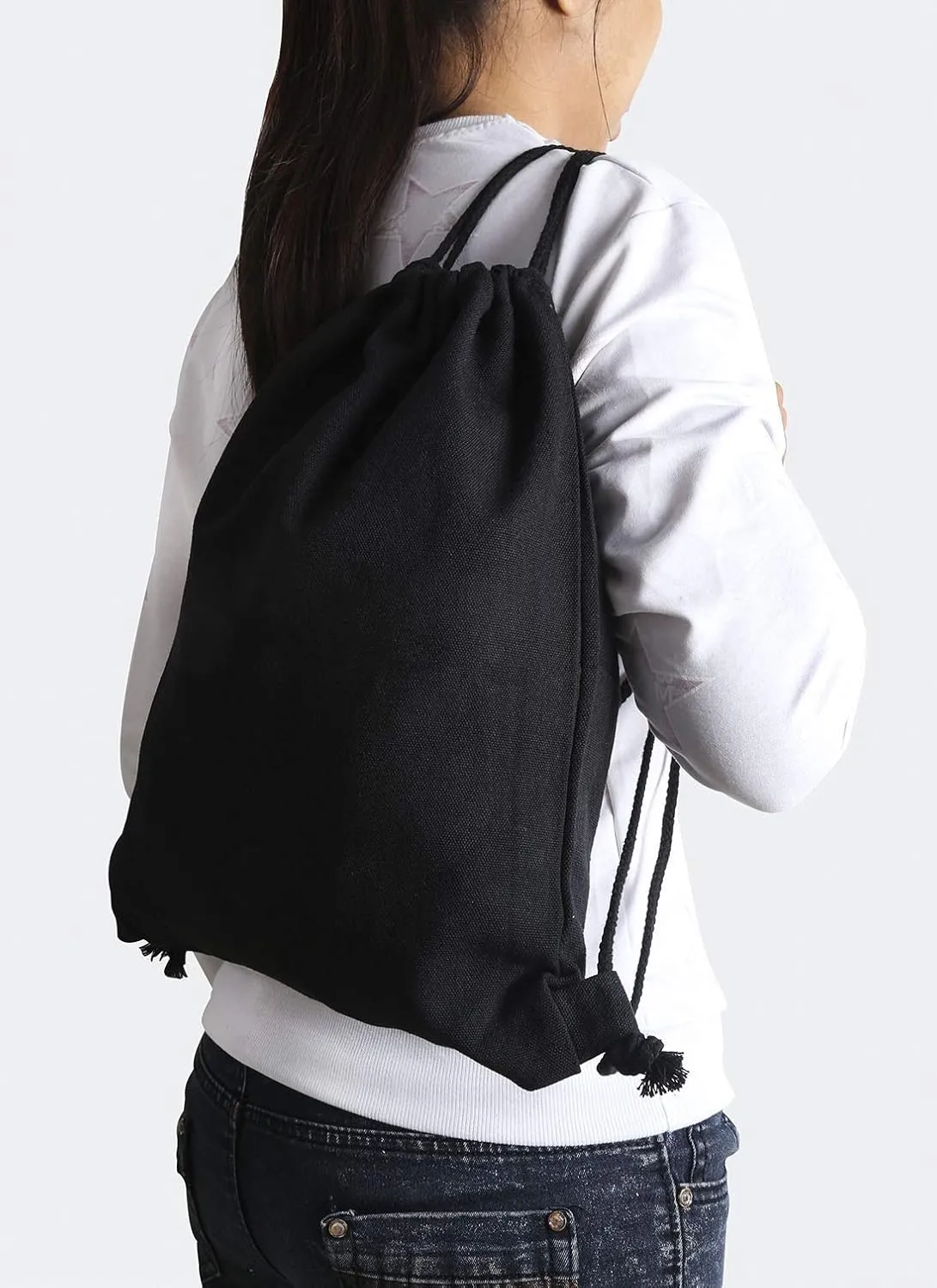 Cotton Canvas Drawstring Backpack Bag Sport Gym Sackpack String Sack Bags Pack of 2, Black