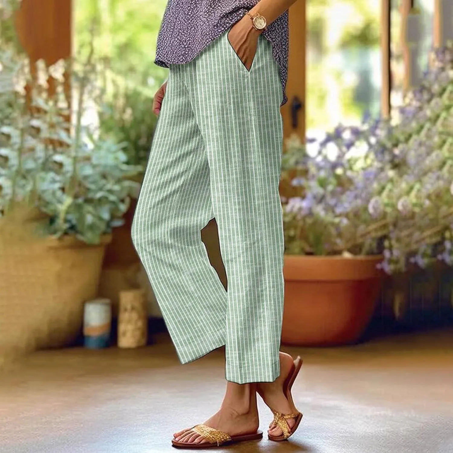 Cotton Linen Pants for Women Summer Boho Plus Size Elastic Waist Casual Loose Beach Straight Leg Trouser with Pockets