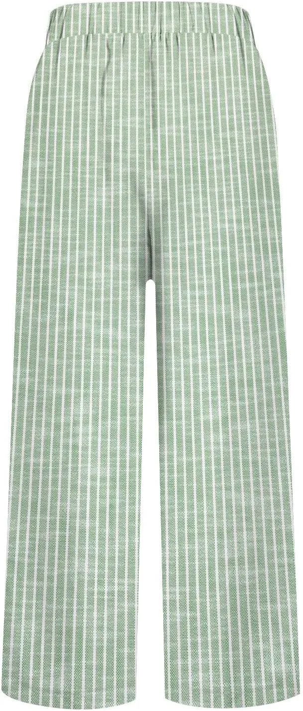 Cotton Linen Pants for Women Summer Boho Plus Size Elastic Waist Casual Loose Beach Straight Leg Trouser with Pockets