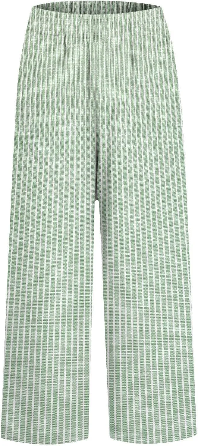 Cotton Linen Pants for Women Summer Boho Plus Size Elastic Waist Casual Loose Beach Straight Leg Trouser with Pockets