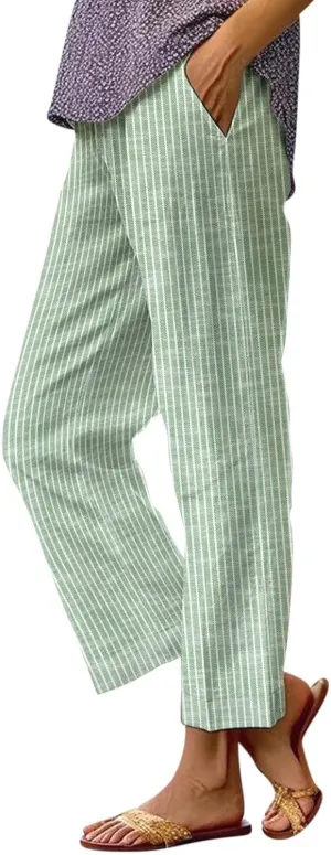 Cotton Linen Pants for Women Summer Boho Plus Size Elastic Waist Casual Loose Beach Straight Leg Trouser with Pockets