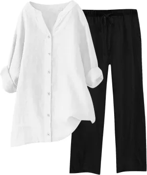 Cotton Linen Pants Sets for Women 2 Piece Summer Oversized Long Sleeve Button Shirt Wide Leg Casual Pants Tracksuits