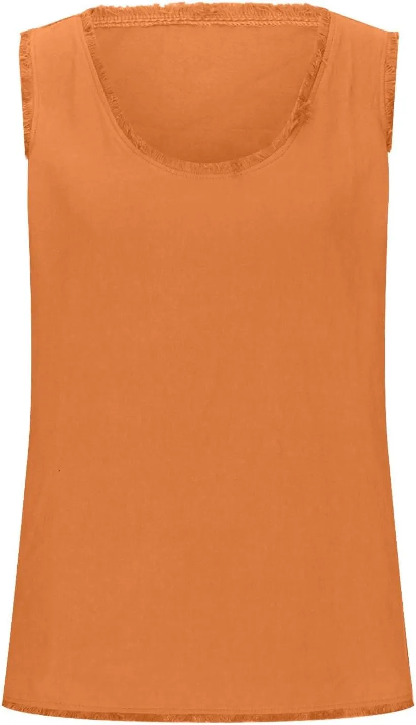 Cotton Linen Tank Tops for Women 2025 Summer Solid Color Raw Edge Hem Shirts Casual Trendy Loose Sports Camisoles