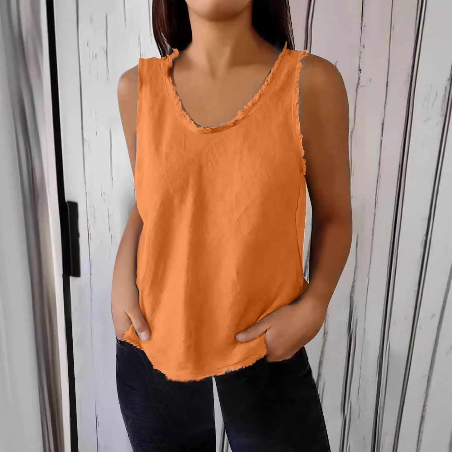 Cotton Linen Tank Tops for Women 2025 Summer Solid Color Raw Edge Hem Shirts Casual Trendy Loose Sports Camisoles