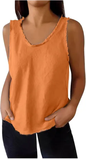 Cotton Linen Tank Tops for Women 2025 Summer Solid Color Raw Edge Hem Shirts Casual Trendy Loose Sports Camisoles