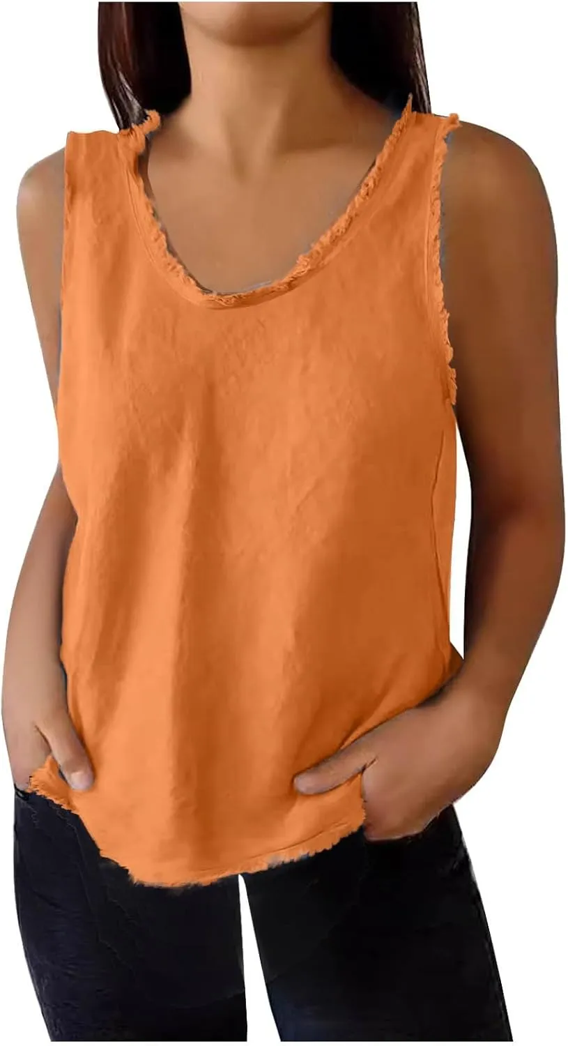 Cotton Linen Tank Tops for Women 2025 Summer Solid Color Raw Edge Hem Shirts Casual Trendy Loose Sports Camisoles