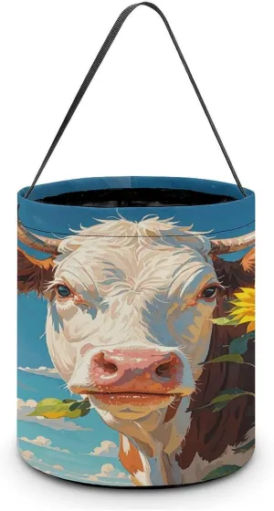 Cow Sunflowers in Blue Halloween Tote Candy Bag Candy Basket Candy Bucket Gift Bag for Halloween Party