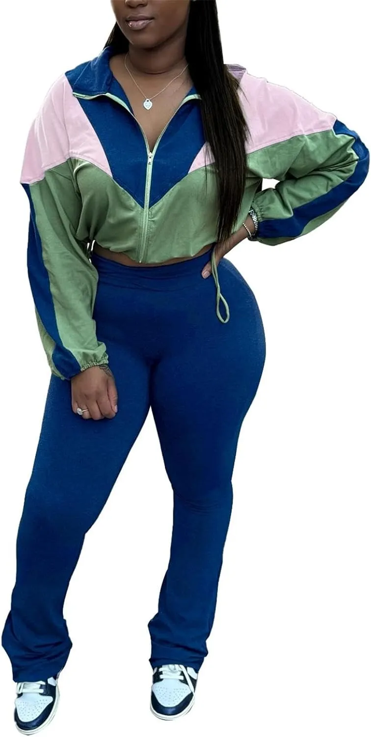 cu4eve Fall Two Piece Sets For Women 2024 Work Out Sets Gym Zip Up Cropped Jacket And Yoga Sweat Pants Track Suits