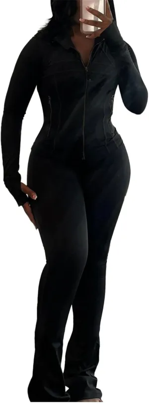 cu4eve Womens Two Piece Outfits Fall Workout Zip Up Sweatshirt And Jogger Flare Yoga Pants Gym Sweat Suits 2 Piece Set