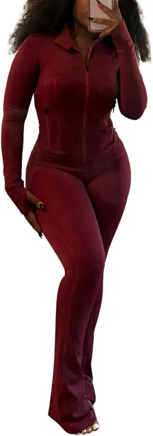 cu4eve Womens Two Piece Outfits Fall Workout Zip Up Sweatshirt And Jogger Flare Yoga Pants Gym Sweat Suits 2 Piece Set
