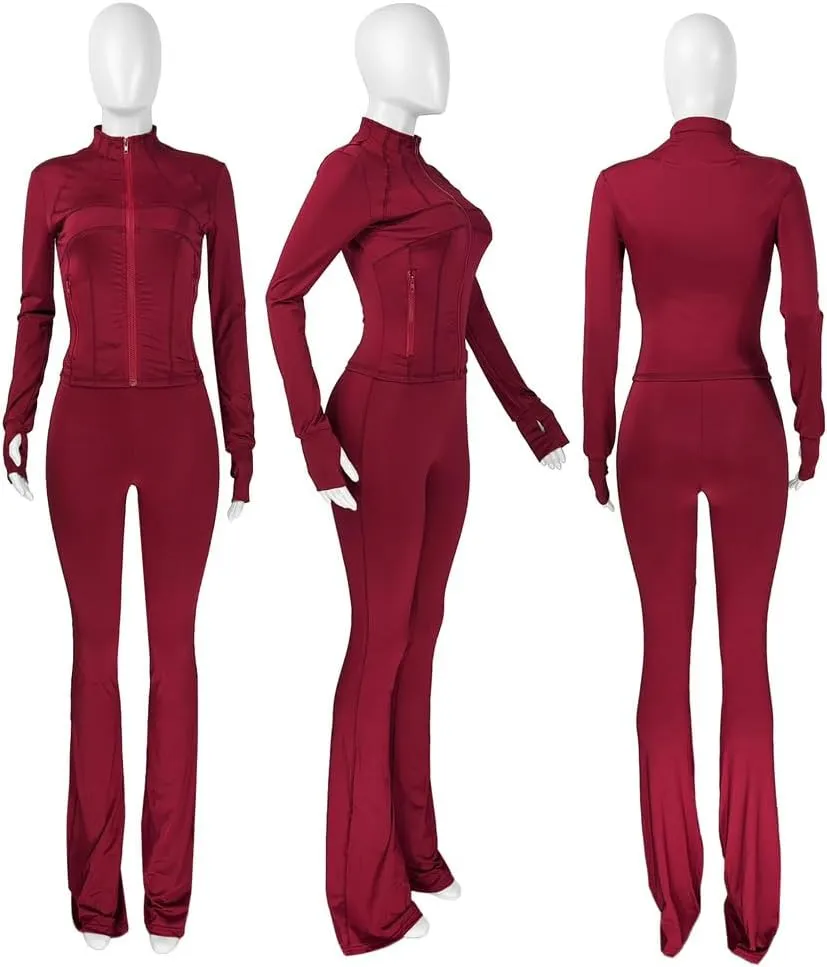 cu4eve Womens Two Piece Outfits Fall Workout Zip Up Sweatshirt And Jogger Flare Yoga Pants Gym Sweat Suits 2 Piece Set
