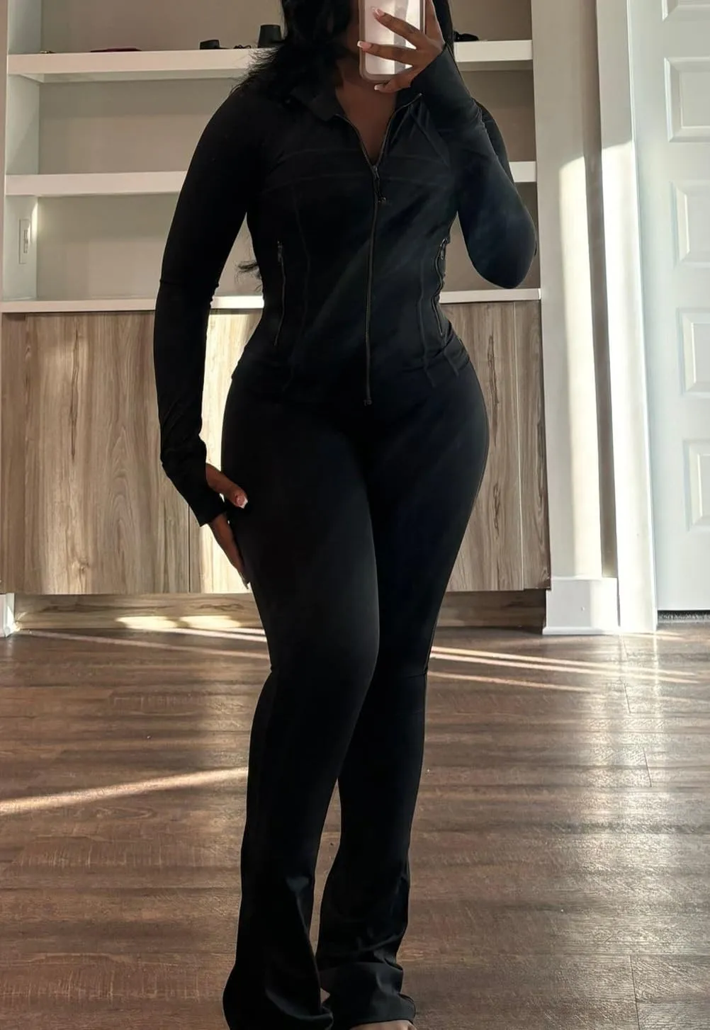 cu4eve Womens Two Piece Outfits Fall Workout Zip Up Sweatshirt And Jogger Flare Yoga Pants Gym Sweat Suits 2 Piece Set