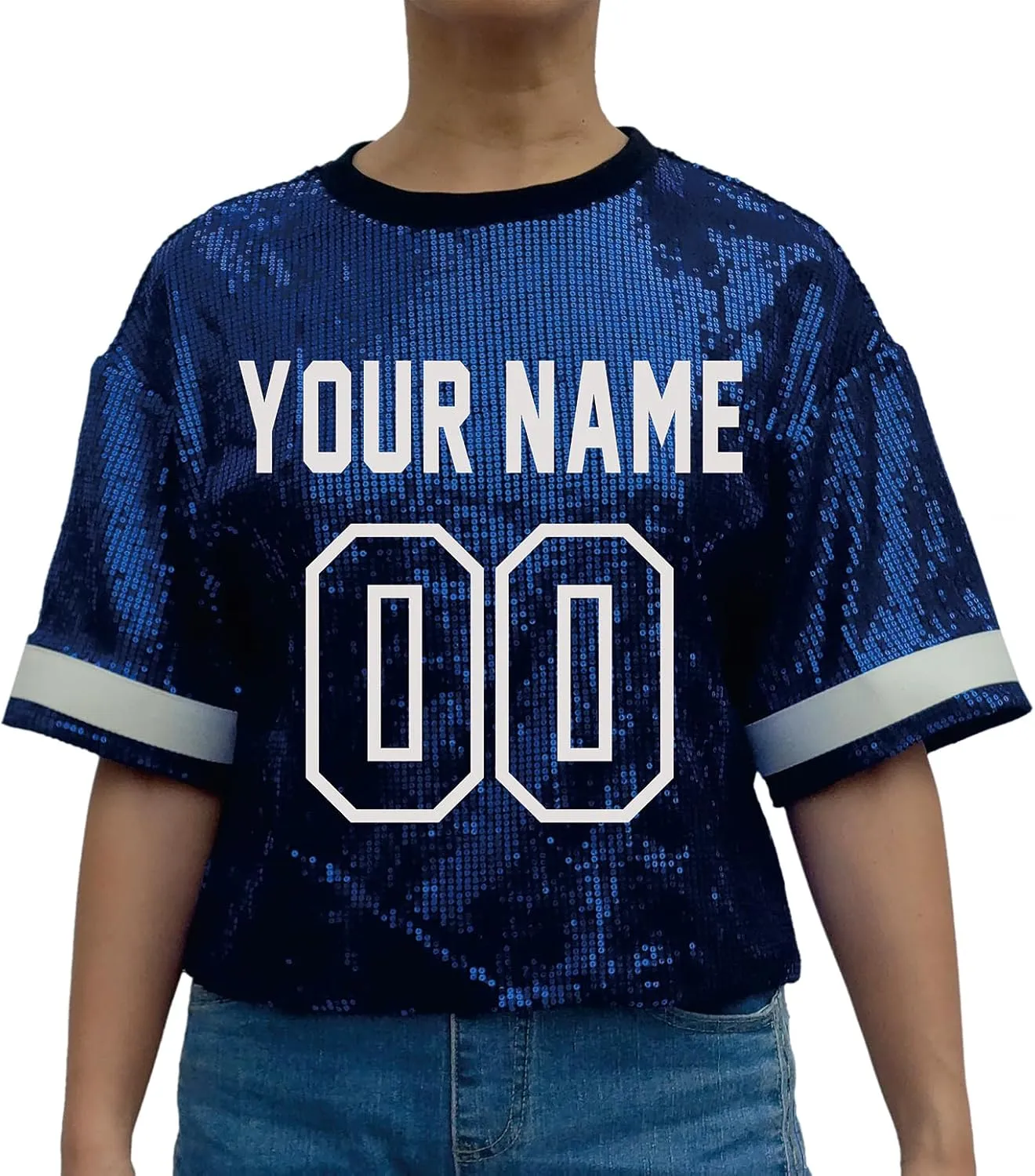 Customized Name and Number Sequin Jersey T-Shirts Tops Women's