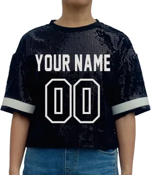 Customized Name and Number Sequin Jersey T-Shirts Tops Women's